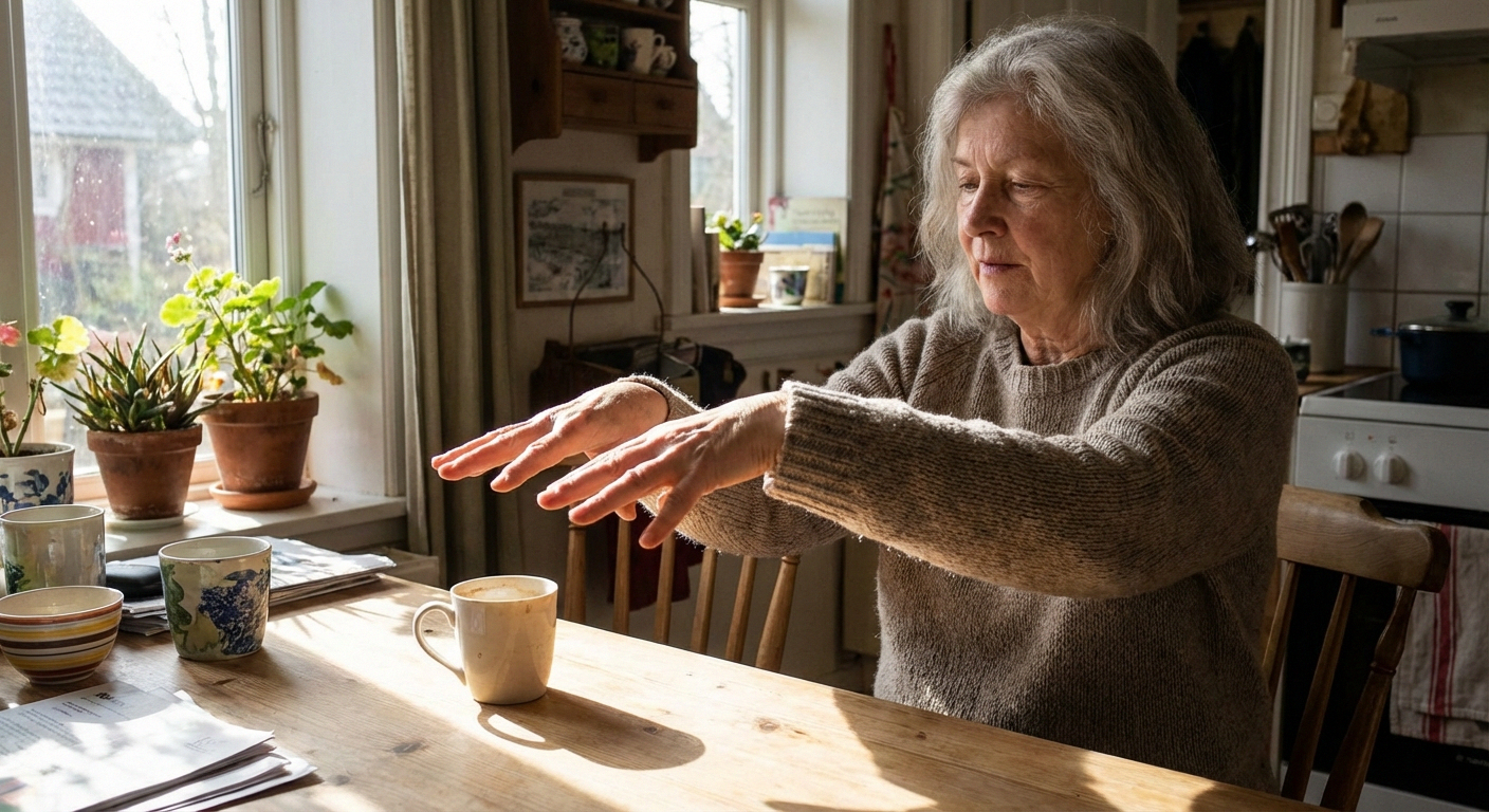 Older person doing finger stretches and exercises at kitchen table for neuropathy relief