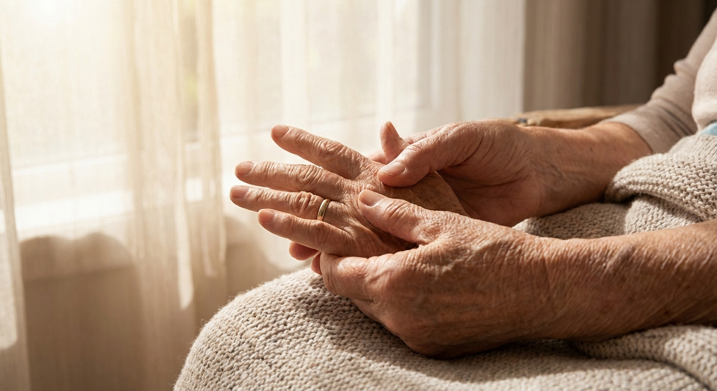 Person massaging their own hand, focusing on palm and fingers for neuropathy relief