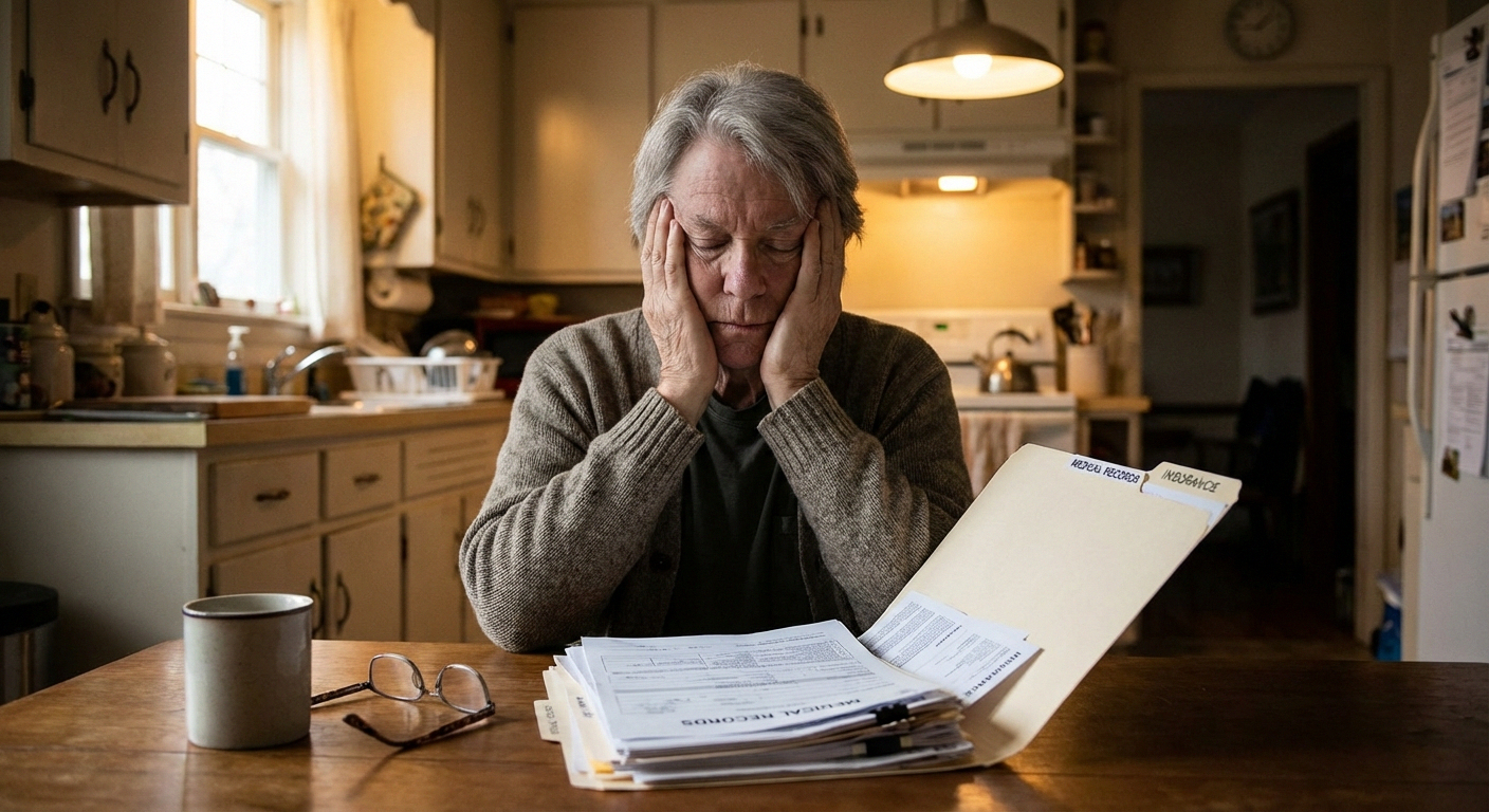 Person with head in hands at desk with medical paperwork showing frustration of idiopathic neuropathy diagnosis