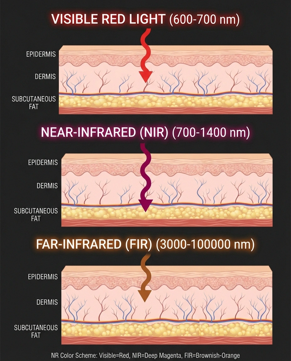 Visual spectrum showing red light vs near-infrared vs far-infrared wavelengths with penetration depth illustration