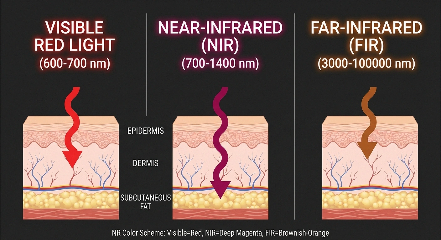 Visual spectrum showing red light vs near-infrared vs far-infrared wavelengths with penetration depth illustration