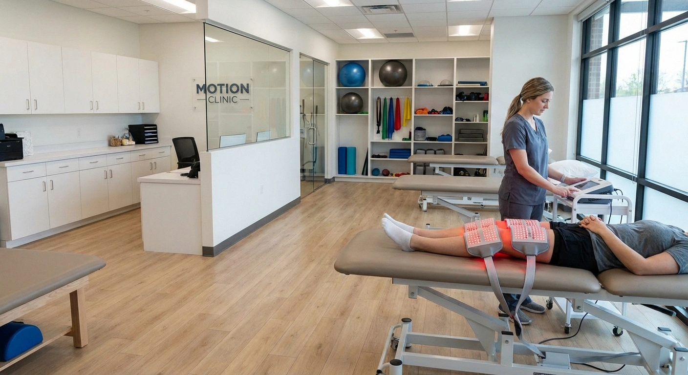 Professional clinical setting with LED therapy pads, clean and modern PT office
