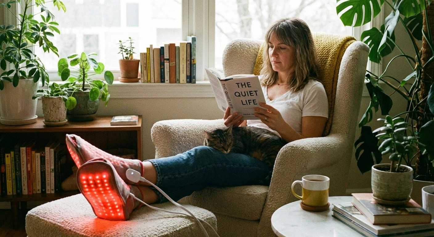 Person using an infrared LED foot wrap at home while reading, relaxed setting