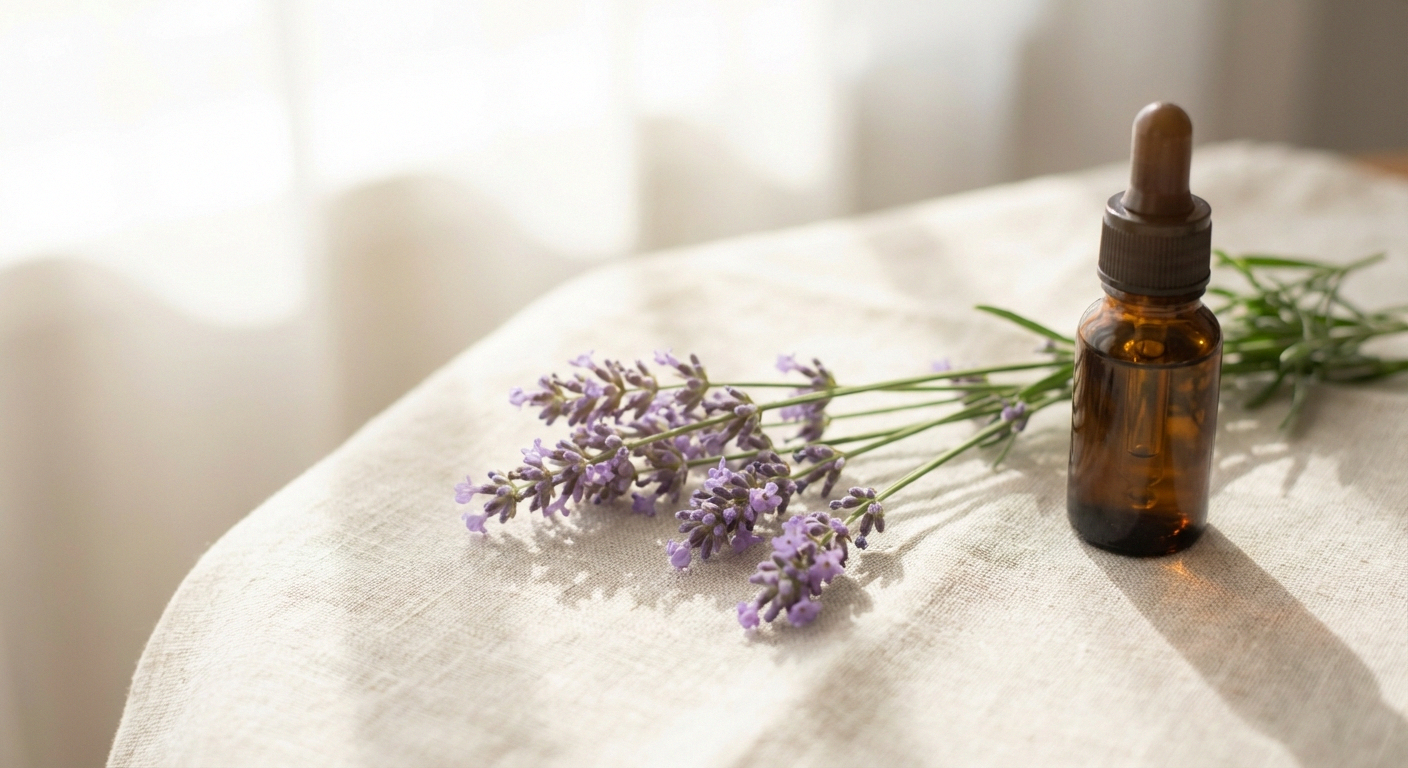 Close-up of fresh lavender sprigs next to essential oil bottle for nerve pain relief