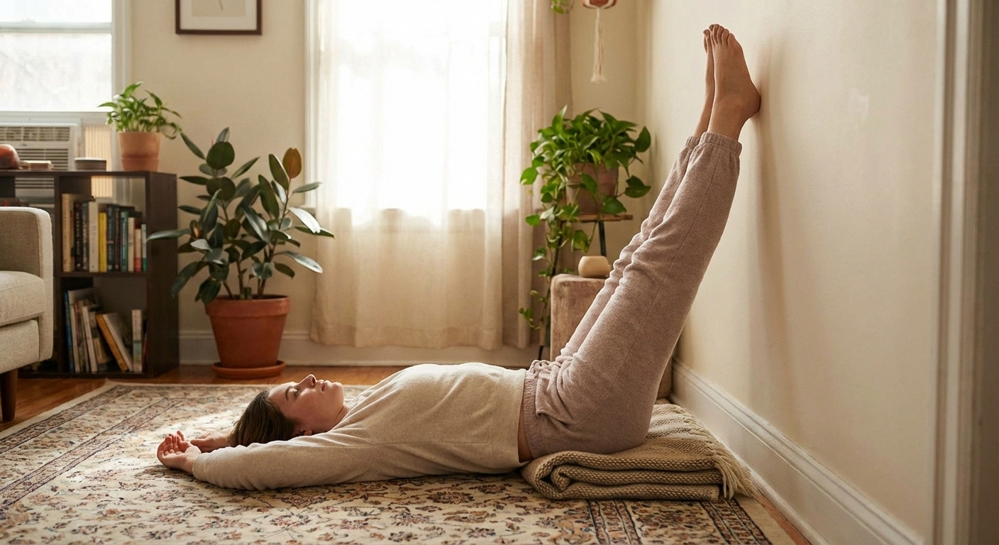 Person in legs-up-the-wall pose with blanket under hips, peaceful home setting
