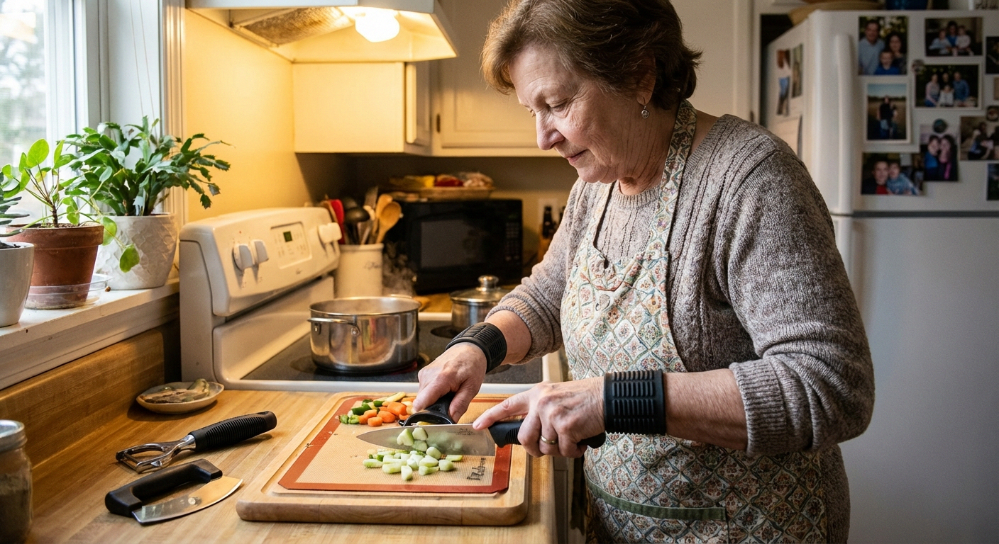 Person using adaptive grip tools in kitchen, managing daily life with CIPN