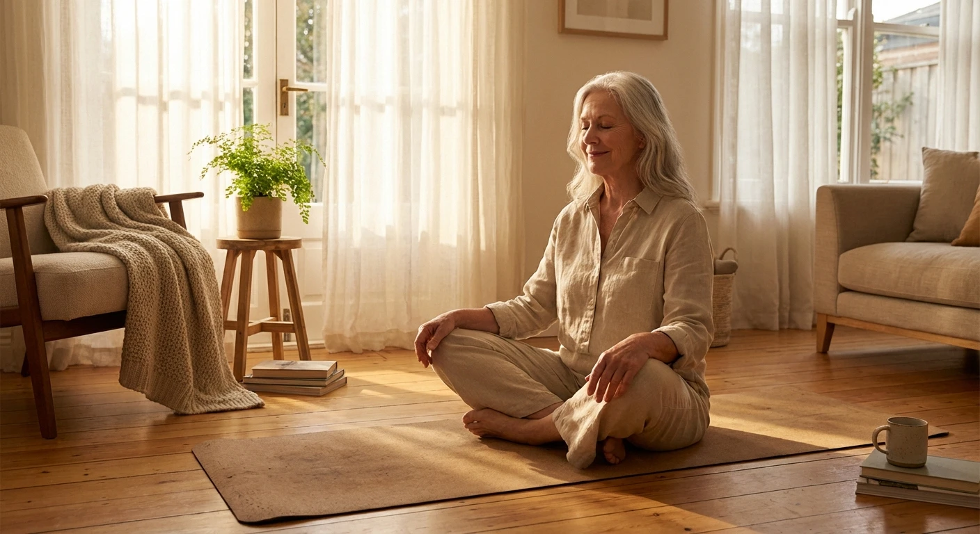 Woman practicing gentle yoga and mindfulness as coping strategy for post herpetic neuralgia