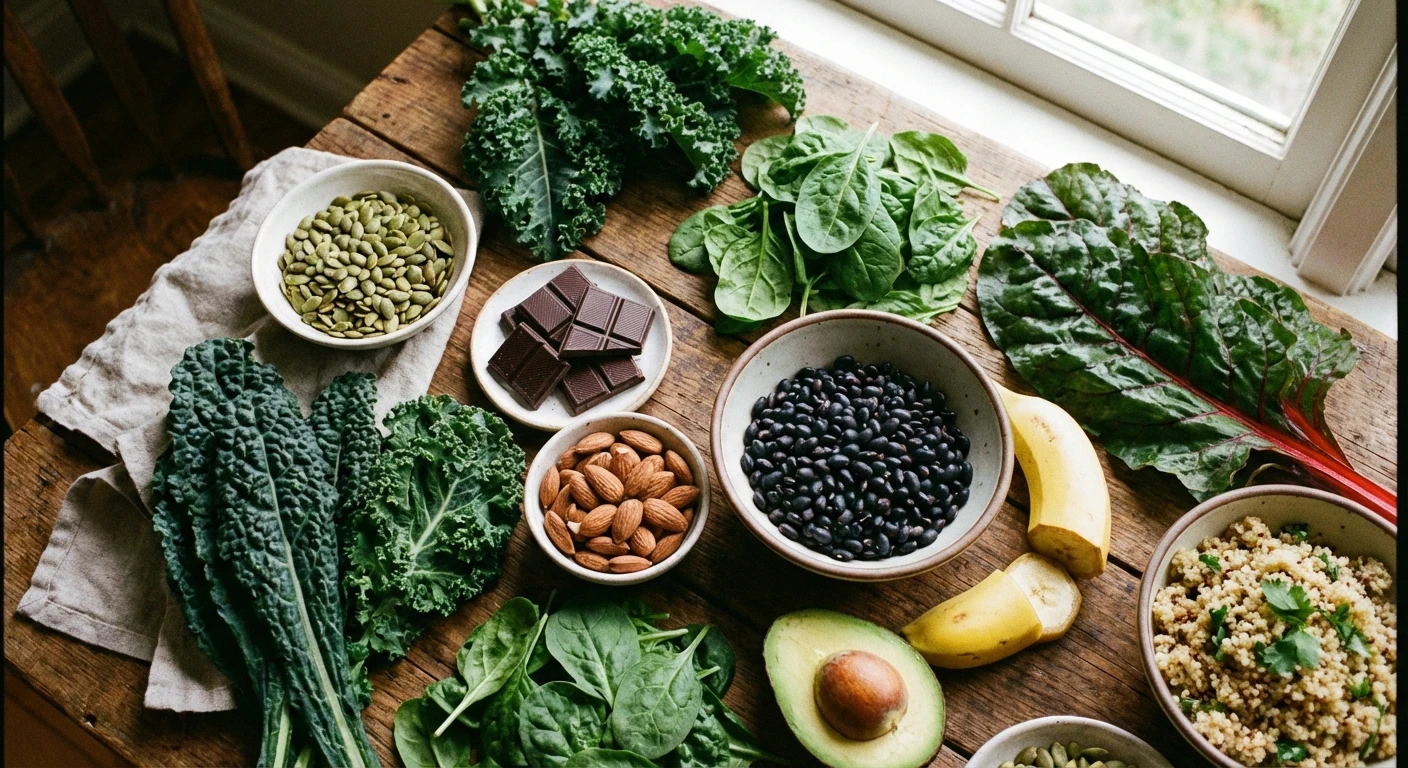 Colorful spread of magnesium-rich foods including spinach almonds dark chocolate and avocado for neuropathy