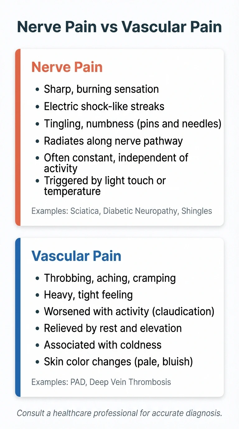 Medical diagram comparing nerve pain characteristics versus vascular pain characteristics