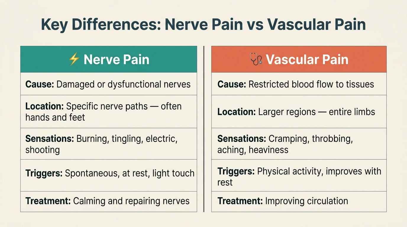 Medical diagram comparing nerve pain characteristics versus vascular pain characteristics