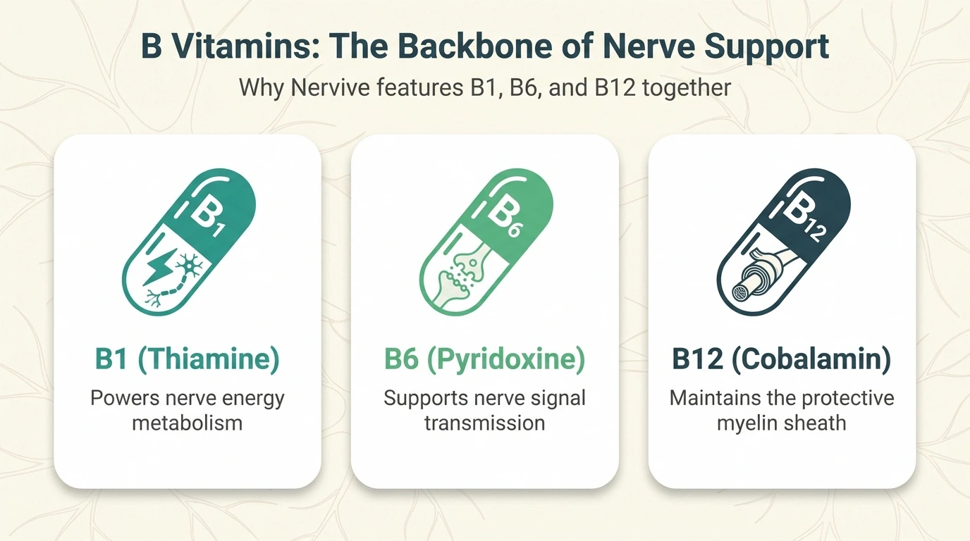 B vitamins B1 B6 B12 supplement capsules for nerve health and neuropathy support