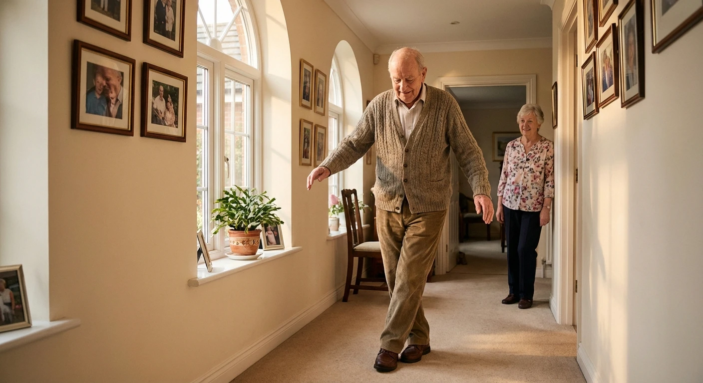 Senior man practicing tandem walking exercise for neuropathy balance improvement