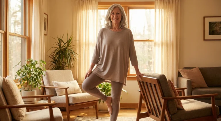 Senior woman practicing balance exercises at home for neuropathy fall prevention