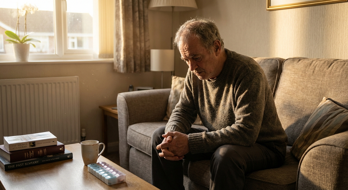 Person sitting alone on couch with withdrawn posture showing depression from chronic neuropathy pain