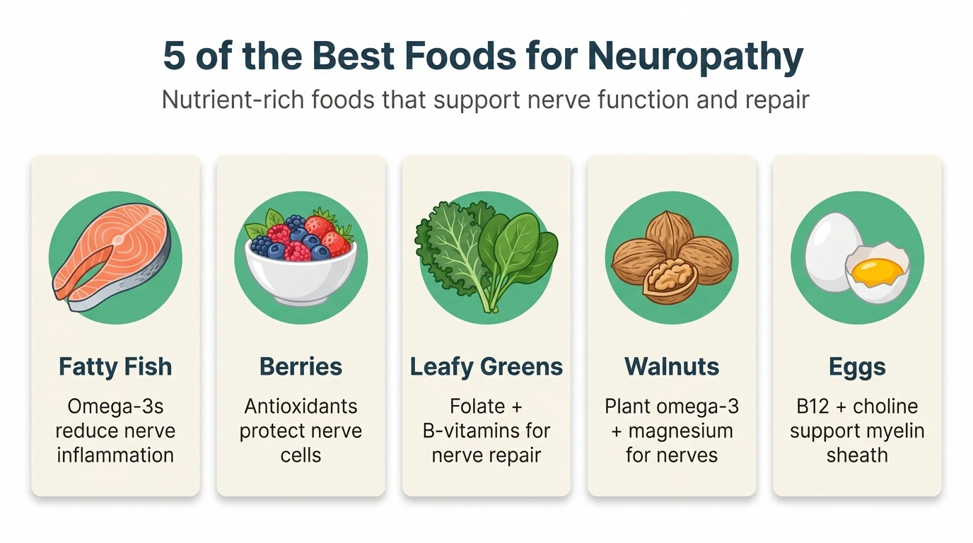 Grid of the 10 best foods for neuropathy nerve health including salmon, berries, eggs, walnuts and leafy greens