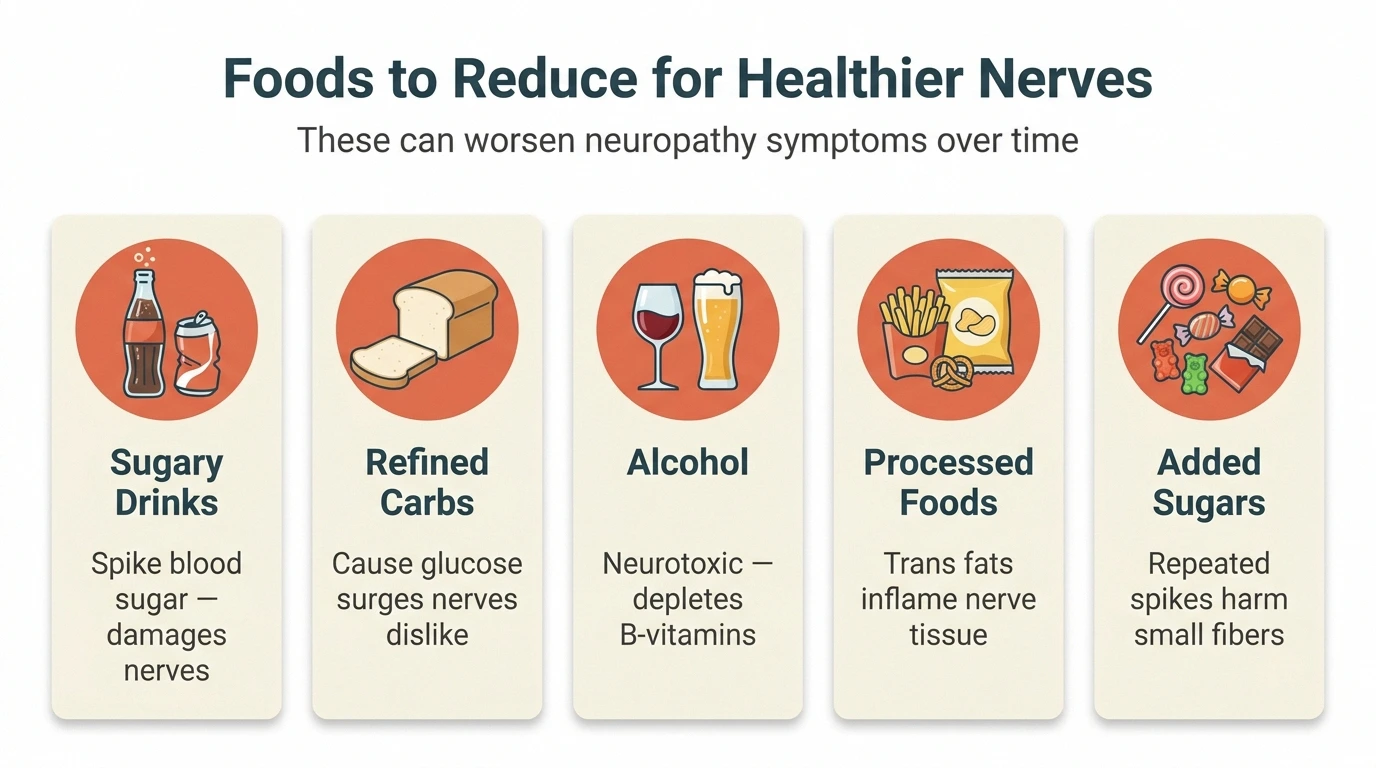 Foods to reduce with neuropathy including sugary soda, white bread, alcohol, and processed snacks