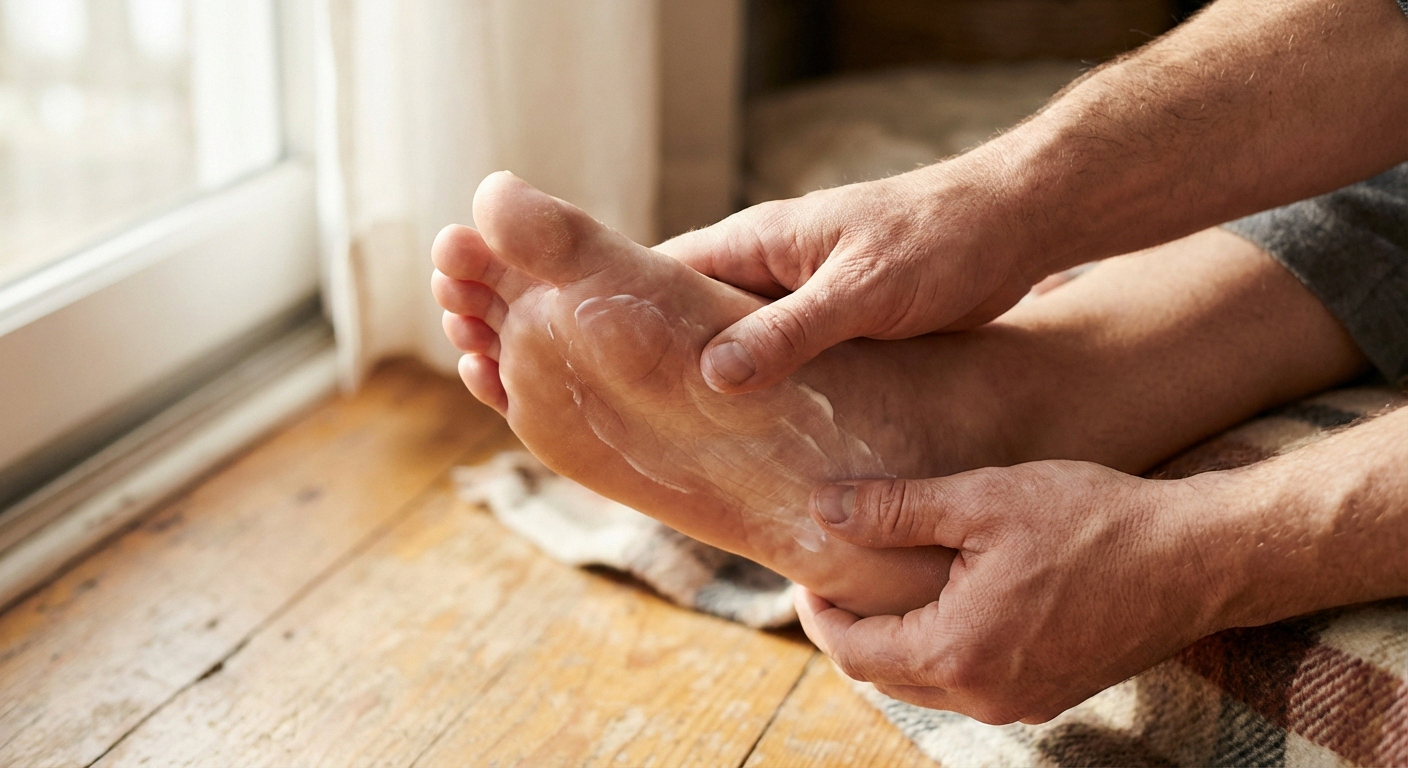 Hands applying moisturizer to feet as part of neuropathy foot care