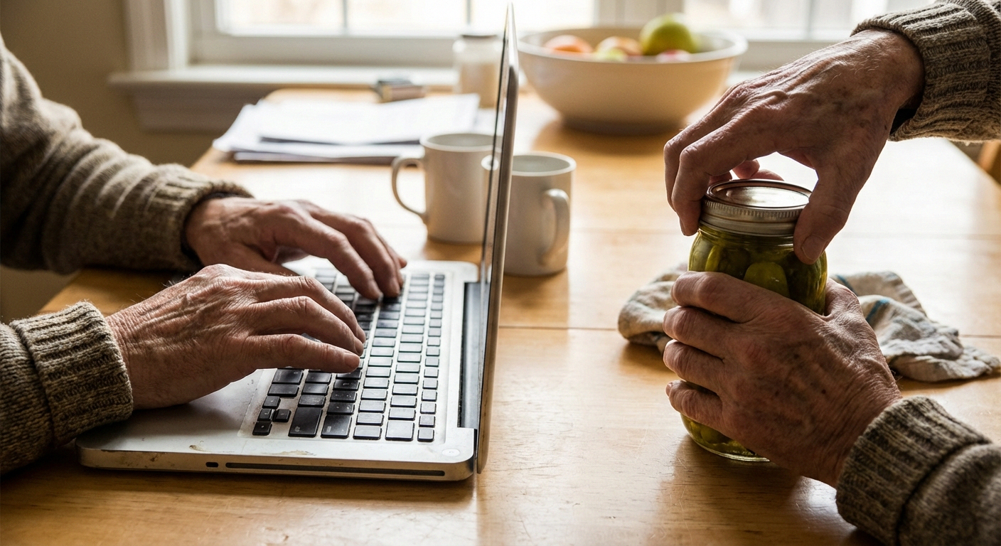 Hands typing at keyboard and gripping a jar, showing daily activities affected by hand neuropathy