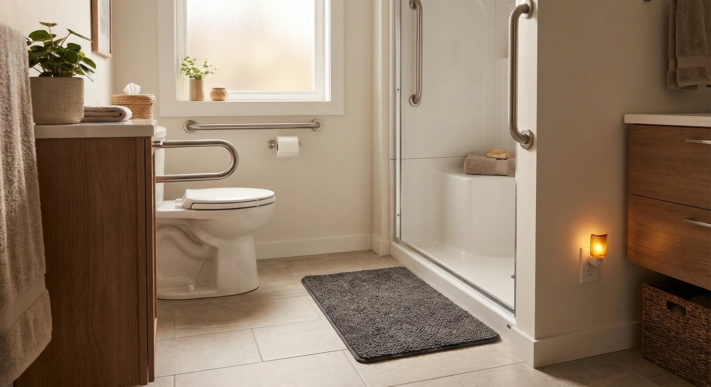 Bathroom with grab bars and safety modifications for neuropathy fall prevention