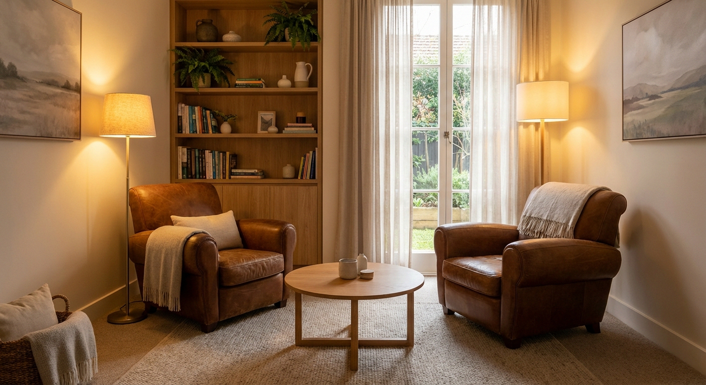 Warm therapy office setting suggesting professional counseling for neuropathy mental health