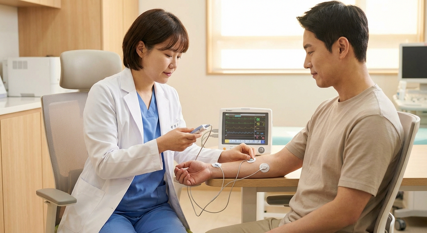 Medical professional performing nerve conduction study on patient arm for neuropathy diagnosis