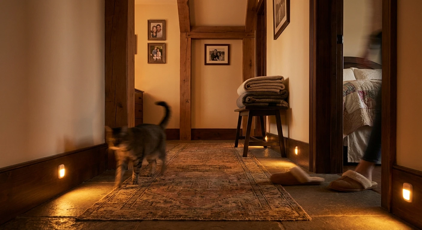 Motion-sensor nightlights illuminating a hallway for nighttime neuropathy fall prevention