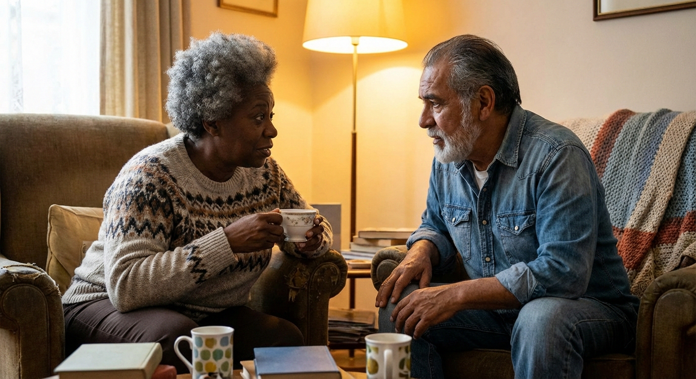Two people in supportive conversation representing neuropathy support group connection