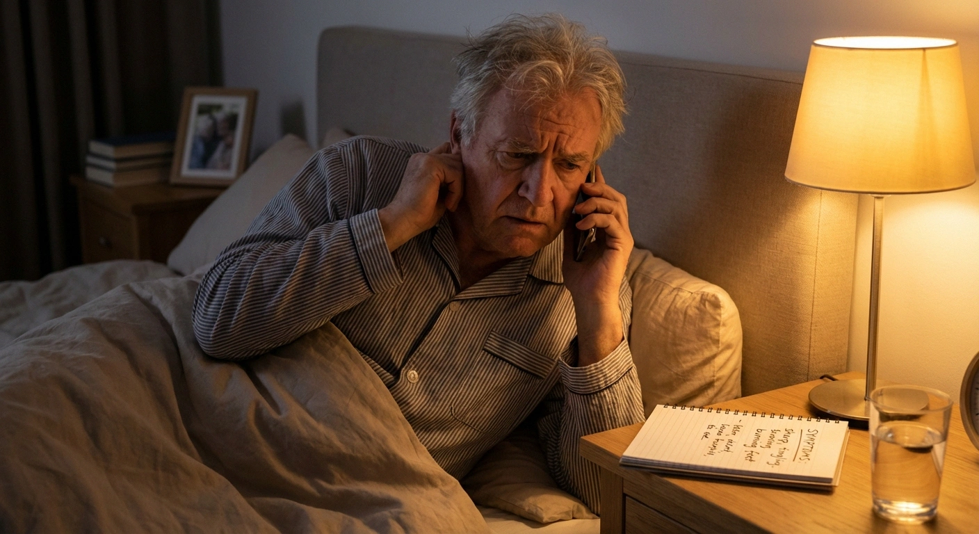 Senior calling doctor about nighttime neuropathy pain