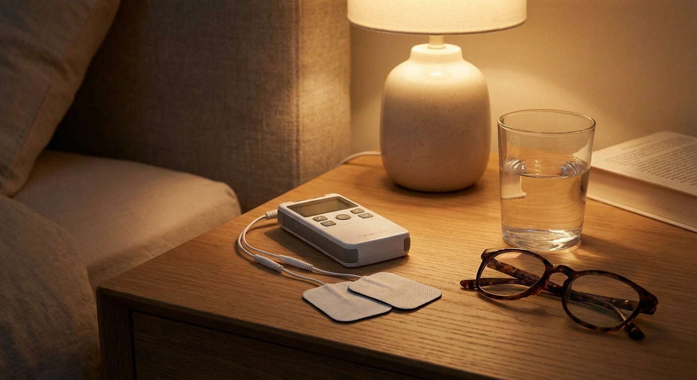 TENS unit on bedside table for nighttime nerve pain relief