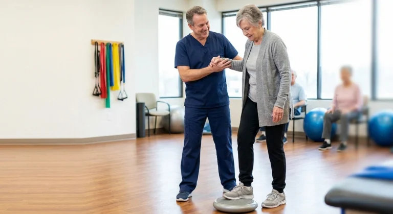 Physical therapist working with older patient on balance exercise. Professional but warm PT clinic setting.