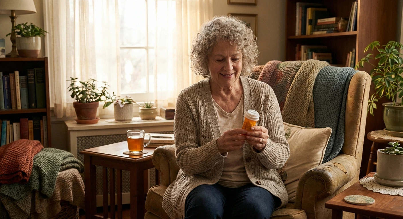 Woman holding medication bottle considering pregabalin for neuropathy pain relief