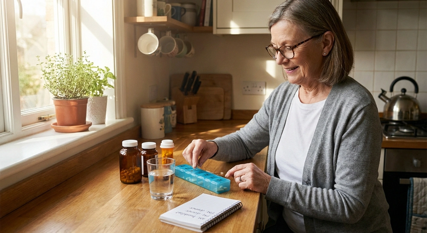 Senior organizing daily pregabalin medication routine