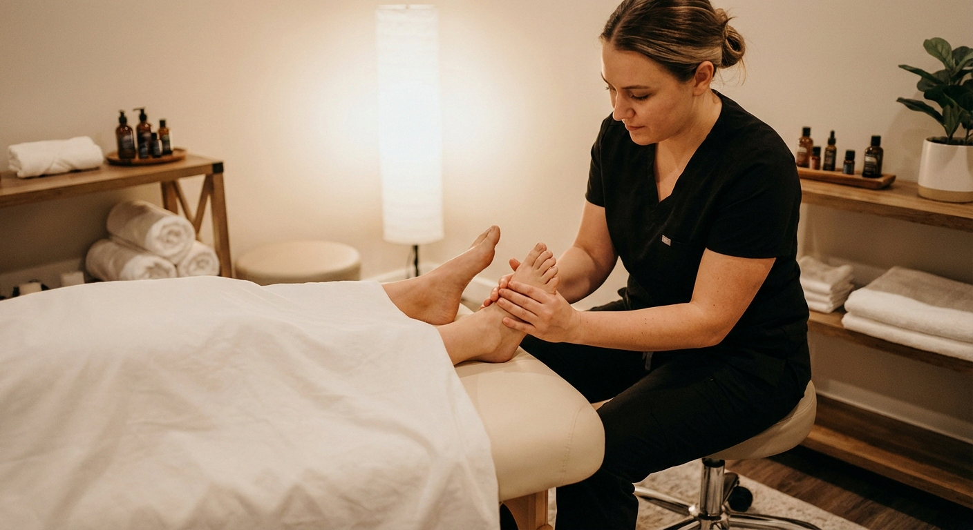 Massage therapist working on patient feet in clinical setting for neuropathy treatment