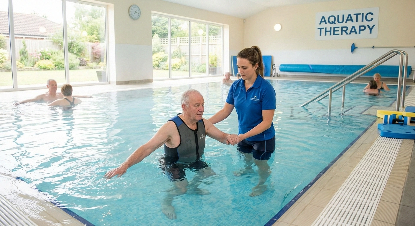 Person exercising in therapy pool, warm water, professional setting.