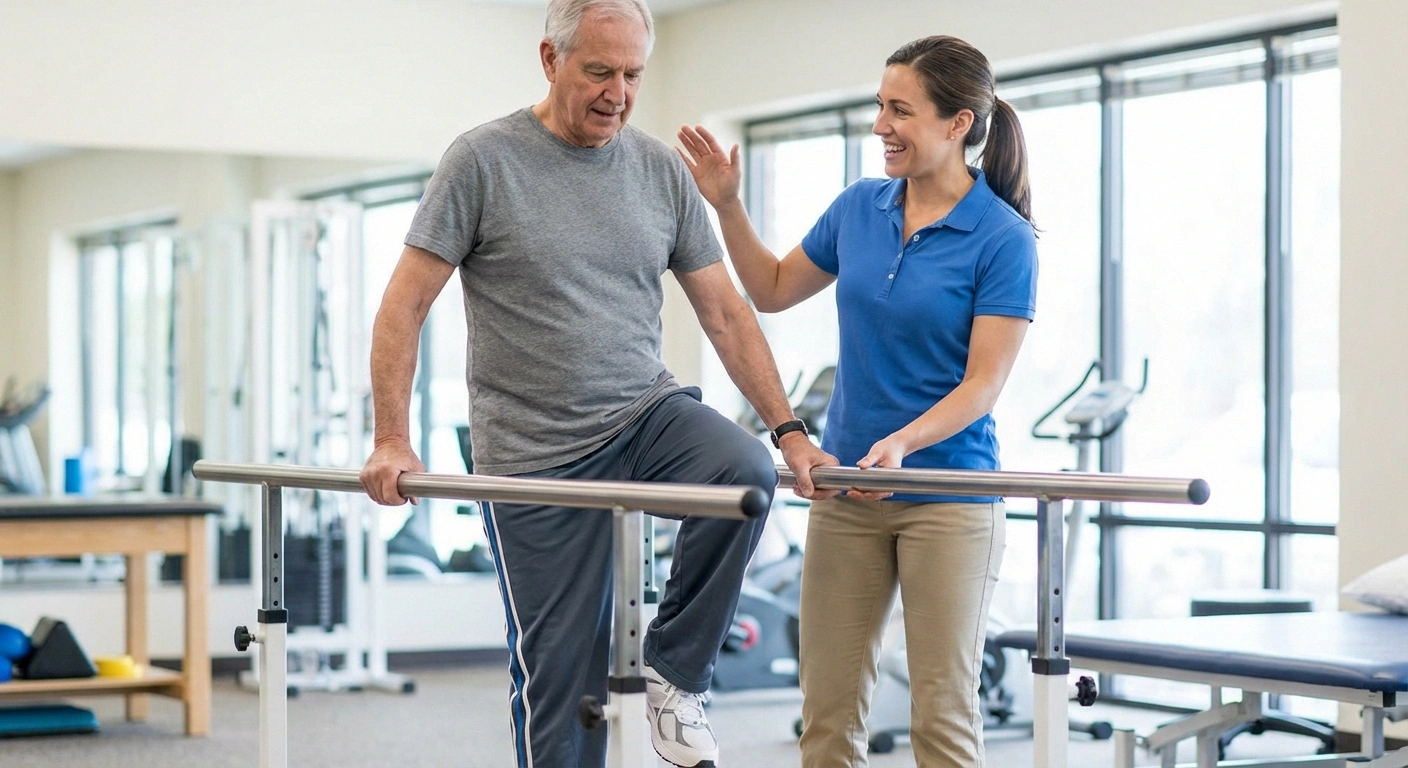 Patient doing single-leg stance with PT nearby, parallel bars or support visible. Active, encouraging.