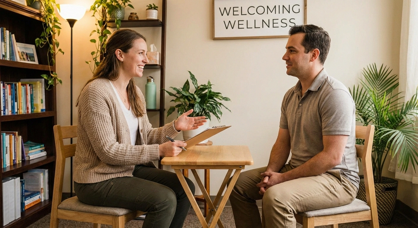 Warm shot of PT consultation, therapist and patient talking, clipboard visible. Welcoming, not intimidating.