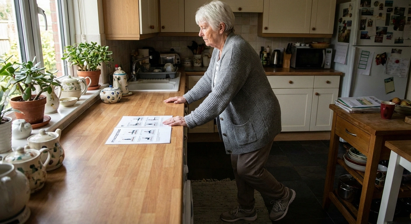 Older adult doing calf raise at kitchen counter at home, following PT instructions. Natural lighting.