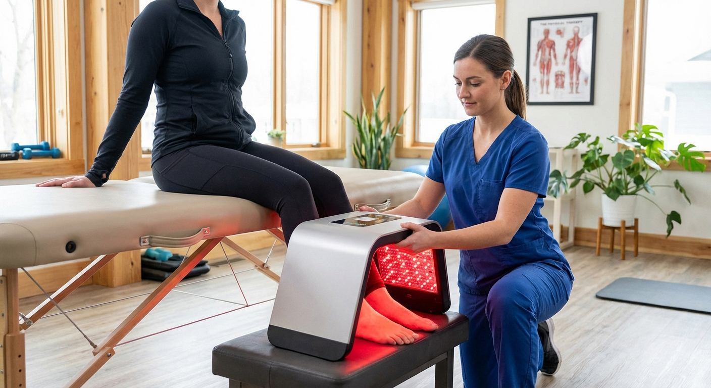 Patient receiving professional red light therapy treatment on lower legs in clinic setting