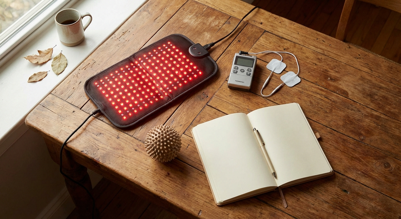 Neuropathy management tools including red light therapy pad TENS unit and massage ball