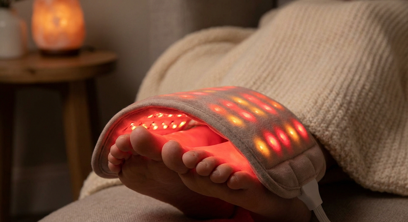 Close-up of red light therapy pad wrapped around bare feet showing warm therapeutic glow