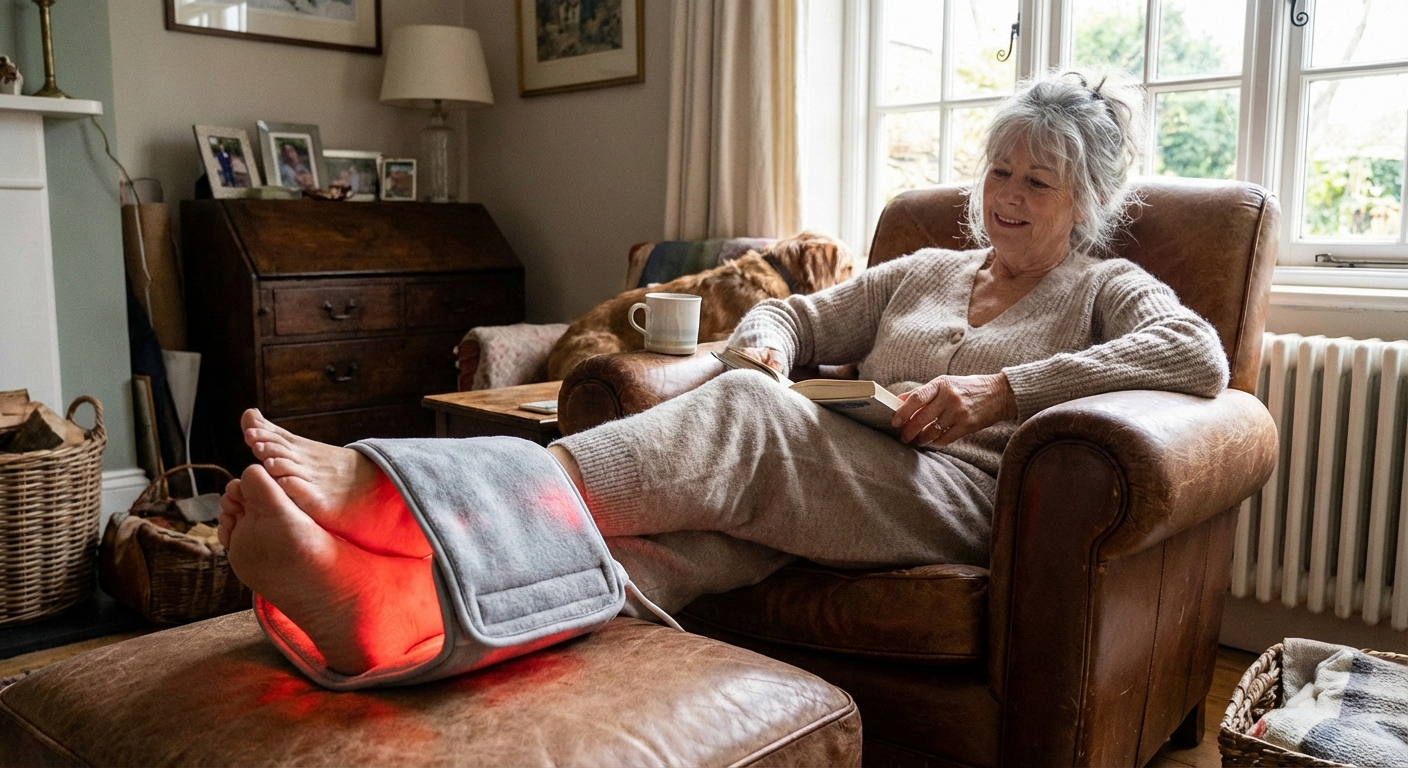 Older adult using wrap-style LED red light therapy device on feet in living room