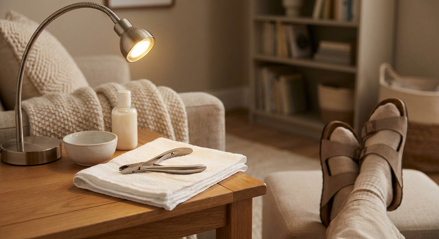 Safe toenail trimming setup with proper clippers and good lighting for neuropathy foot care