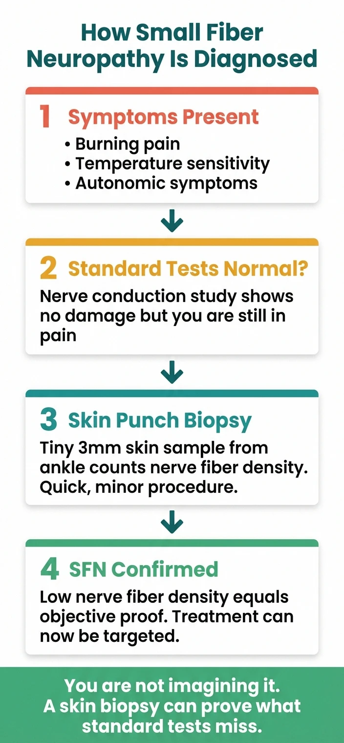 Flowchart showing the four-step diagnosis pathway for small fiber neuropathy from symptoms to skin punch biopsy