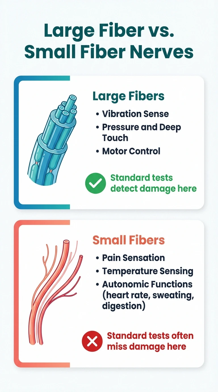 Comparison diagram showing large nerve fibers versus small nerve fibers and what each type controls