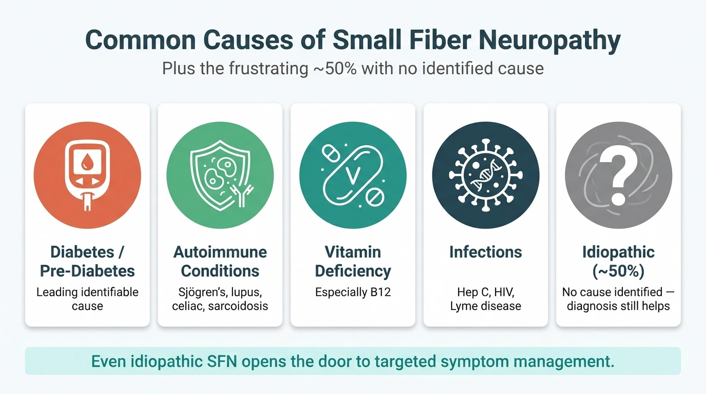 Infographic showing the common causes of small fiber neuropathy including diabetes, autoimmune conditions, and vitamin deficiency