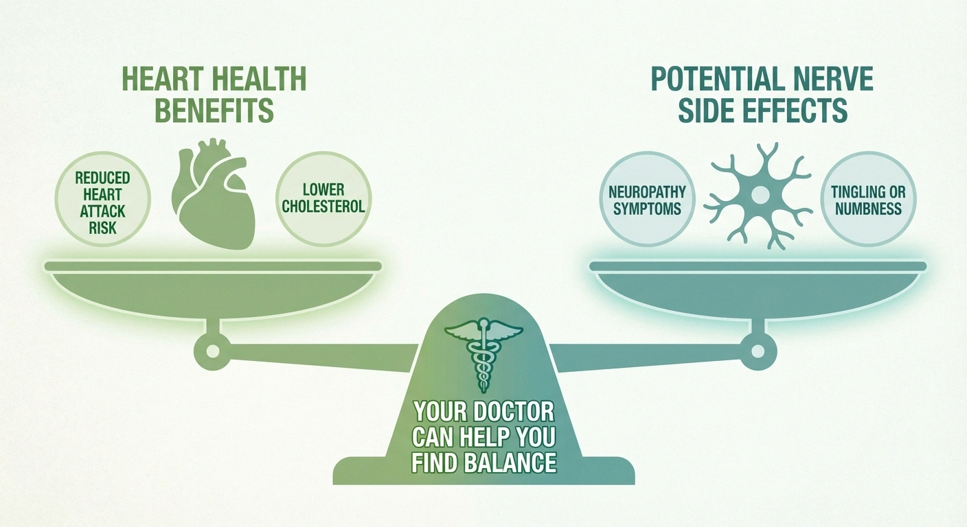 Balance scale infographic — one side shows heart health benefits (reduced heart attack risk, lower cholesterol), the other shows potential nerve side effects (neuropathy symptoms). Center shows 
