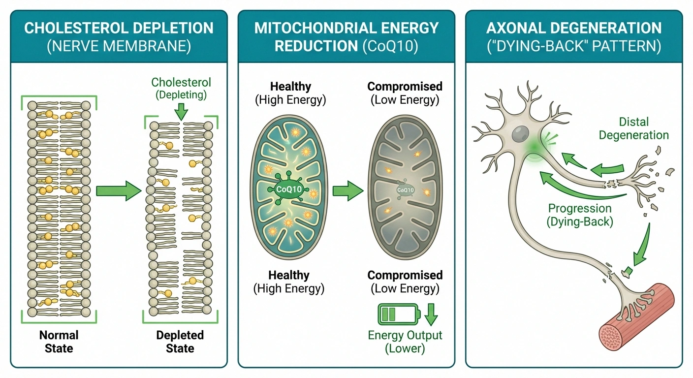 Three-panel infographic showing: (1) Cholesterol in nerve membrane being depleted, (2) CoQ10/mitochondria energy reduction, (3) Axonal degeneration 