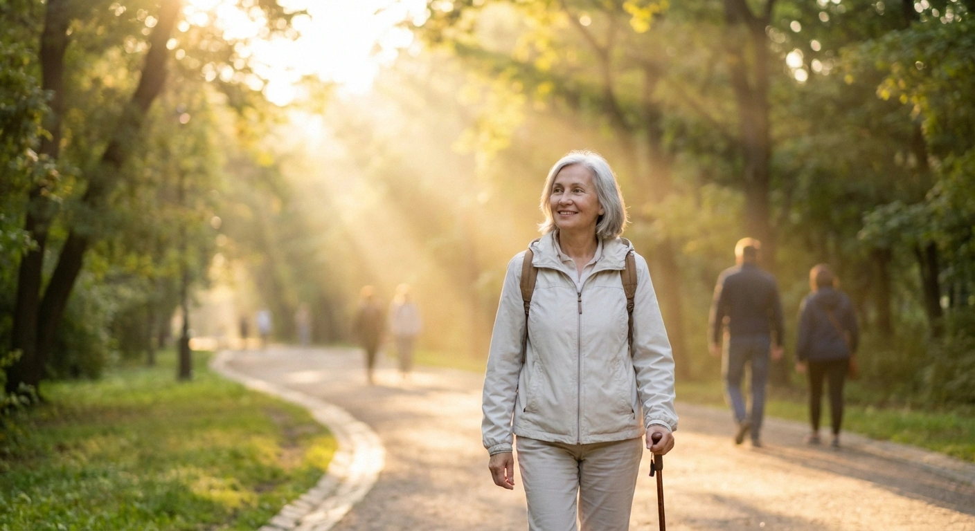 Person walking comfortably outdoors in a park setting, looking relaxed and at ease. Soft morning light. The mood should suggest recovery and returning to normal life. Age-appropriate (55-70s).
