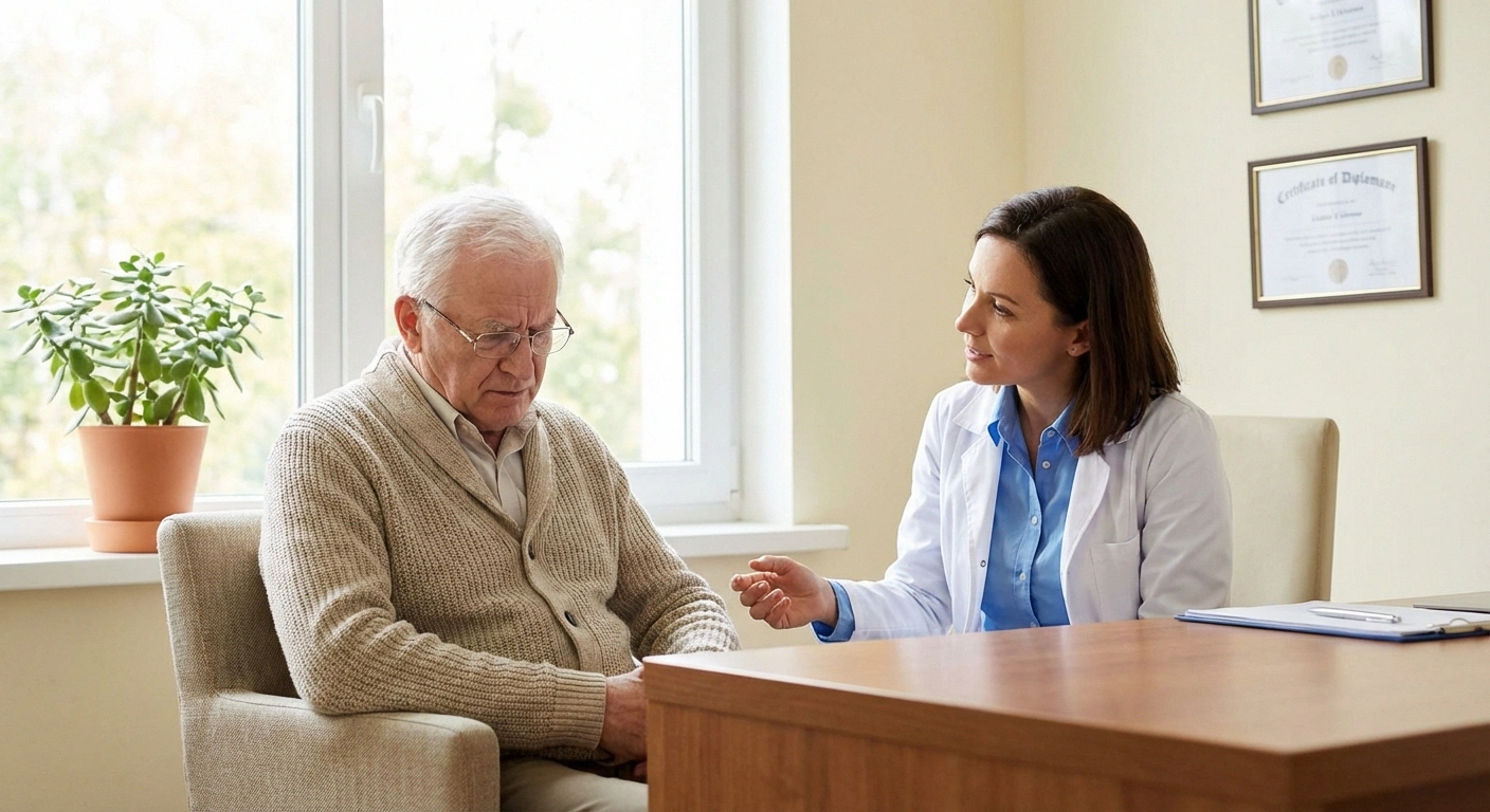 Warm, empathetic image of a senior patient having a thoughtful conversation with a doctor in a clinic setting. The patient looks engaged and slightly concerned. Natural lighting, professional but approachable setting.