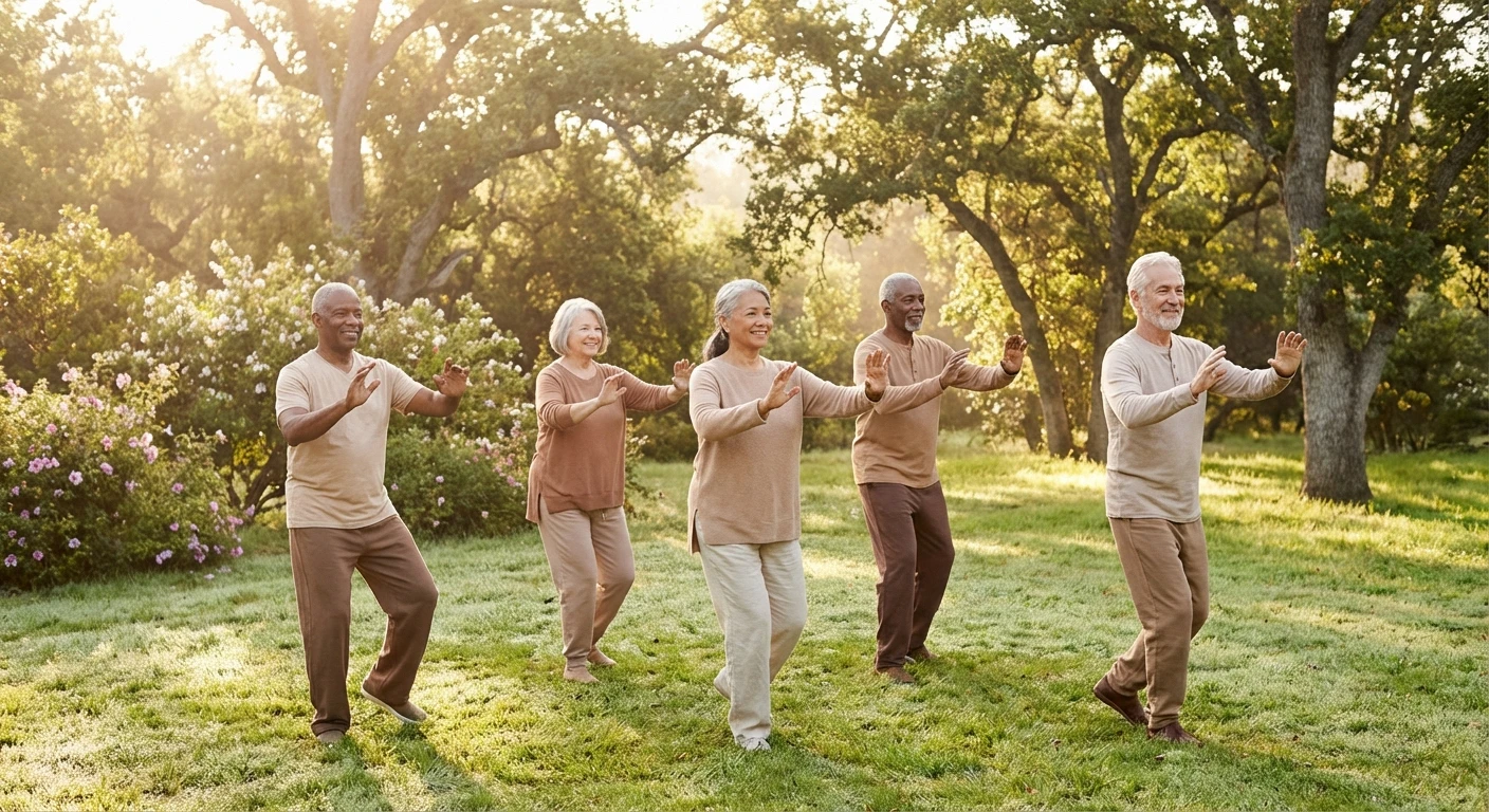 Seniors practicing tai chi in a park for neuropathy balance and fall prevention